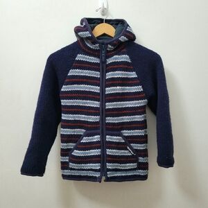LAUNDROMAT 100% Wool Kids Striped Hood Navy Sweater Jacket Large 10-12 Yrs Old